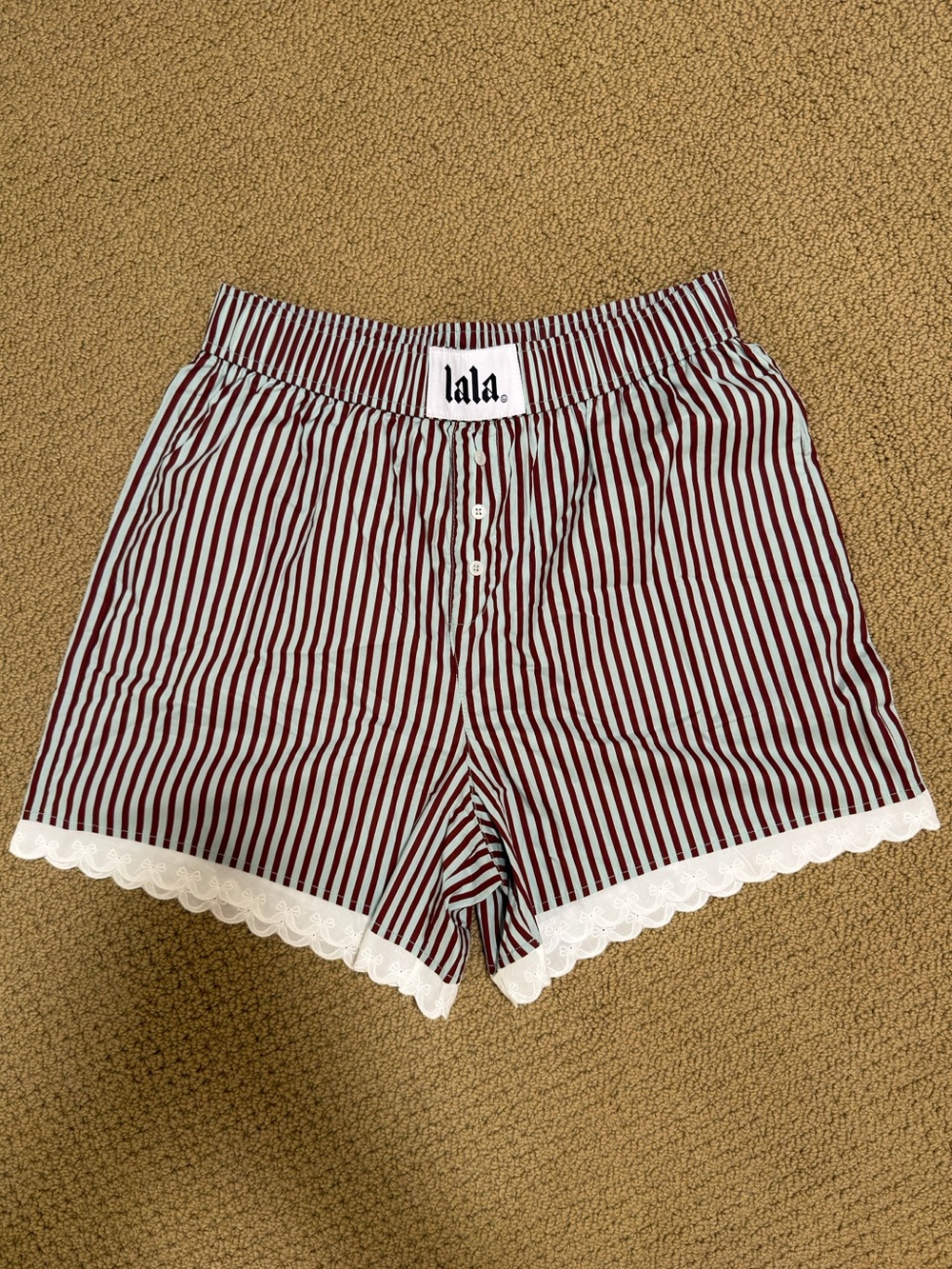 Dressed in LALA Burgundy & White Striped Lace-Trim Shorts